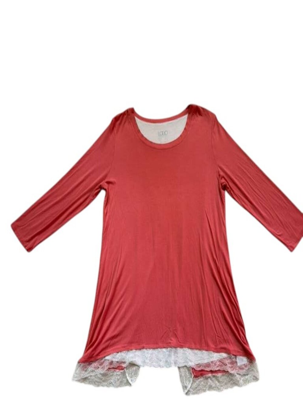 LOGO Womens M Coral Red Rayon Long Sleeve Tunic Top Lace Hem Layered Boho.